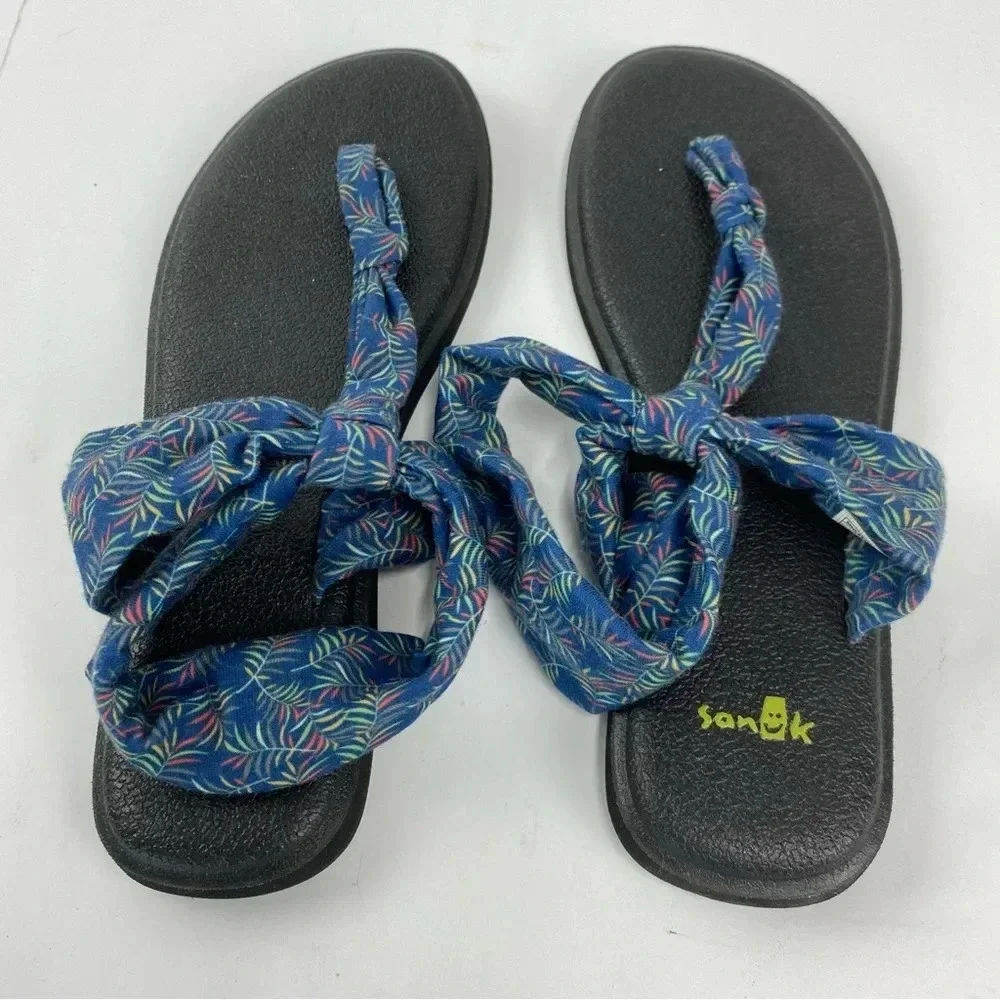 Sanuk Womens 7 Yoga Sling Mat Thong Sandals Blue Palm Graphic Comfort Shoe